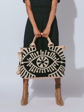 Cleobella Black Cream Evil Eye Weekender Bag Travel Duffel Bag Tote